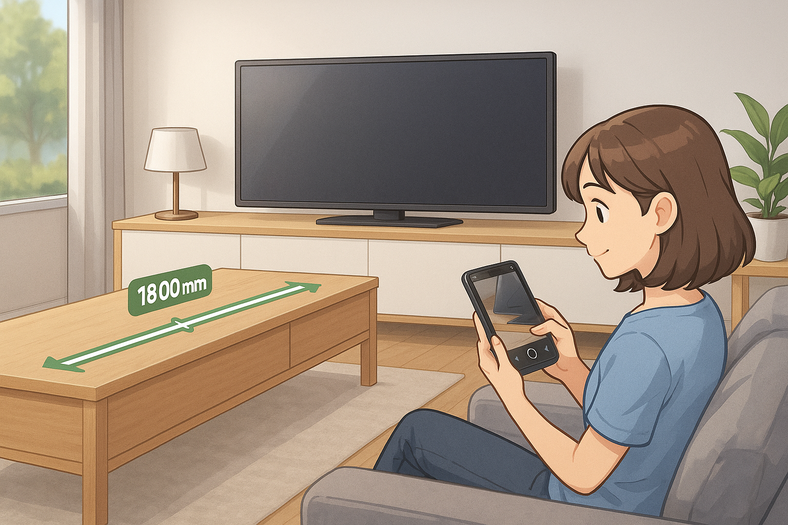 AR mode measuring a table in a living room