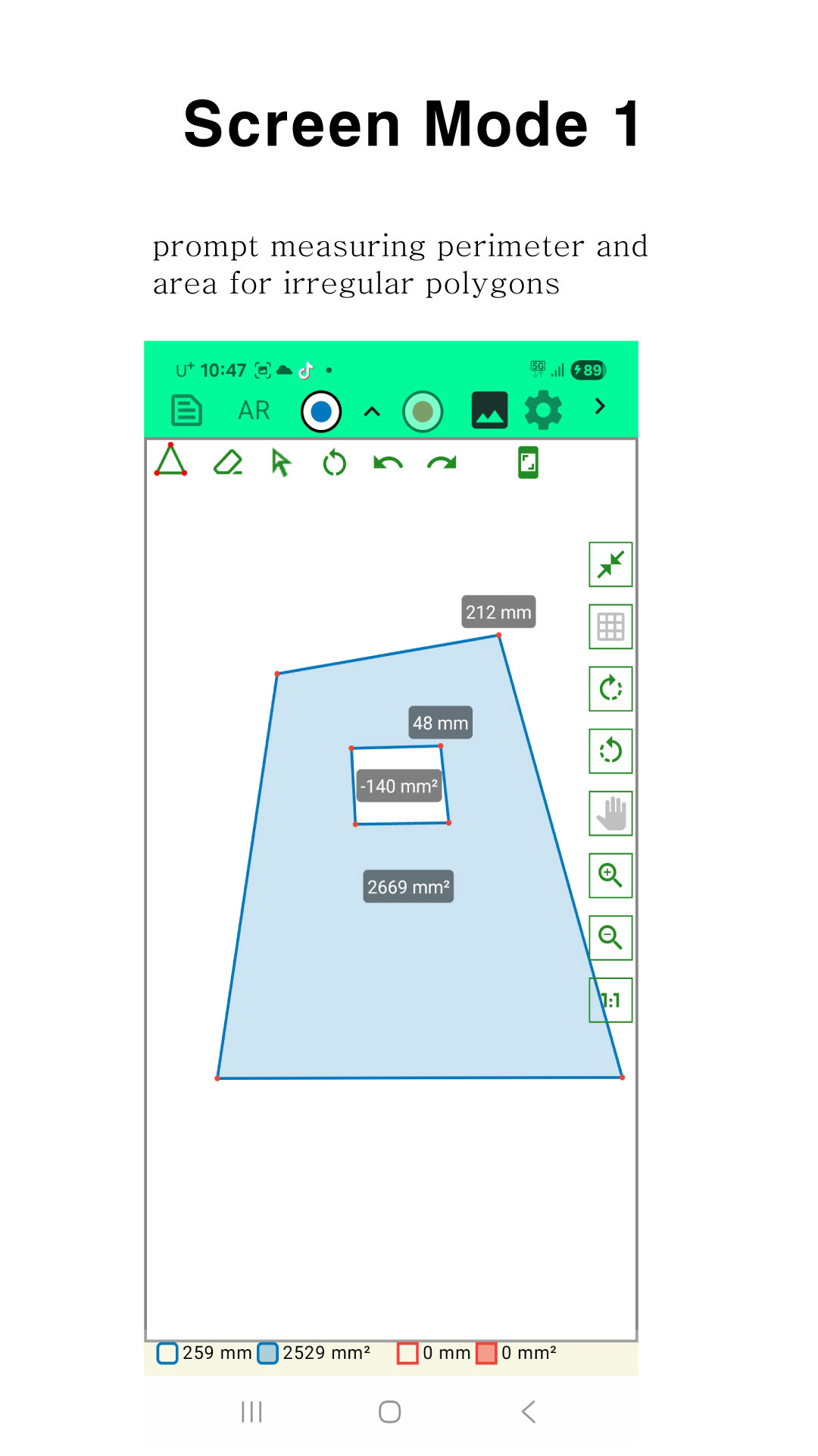 On-screen mode with free-drawn shapes and area labels